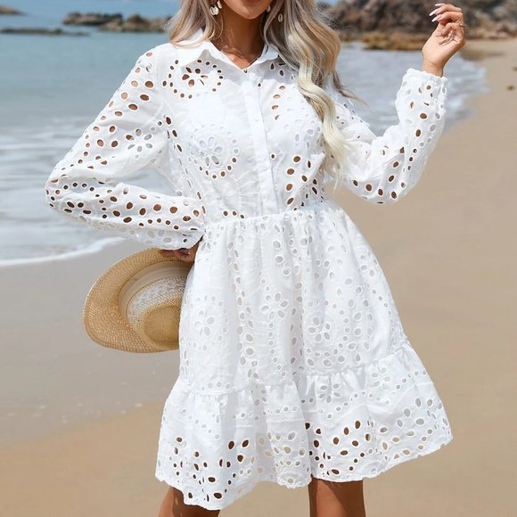 White Boho Womens Eyelet Embroidery Ruffle Hem Shirt Dress - Picture 3 of 5